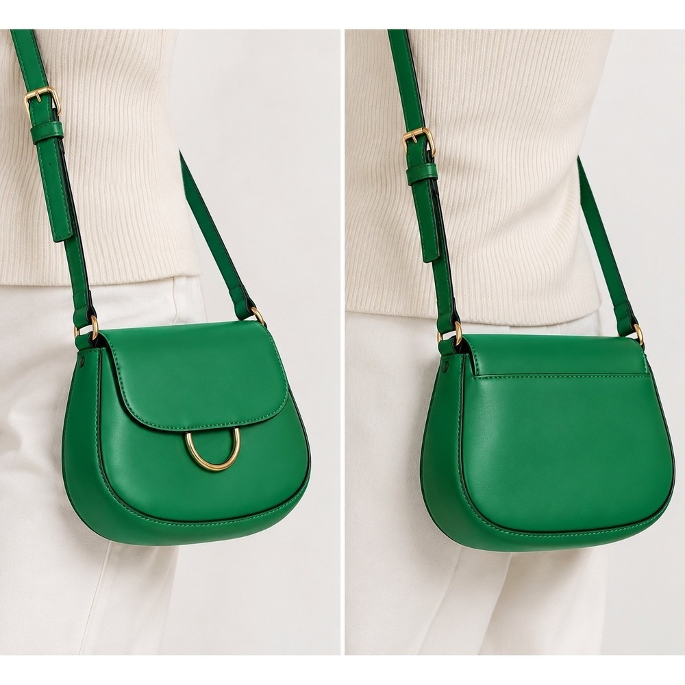 Forever 21 Green Faux Leather Saddle Crossbody Bag Gold D-Ring Detail